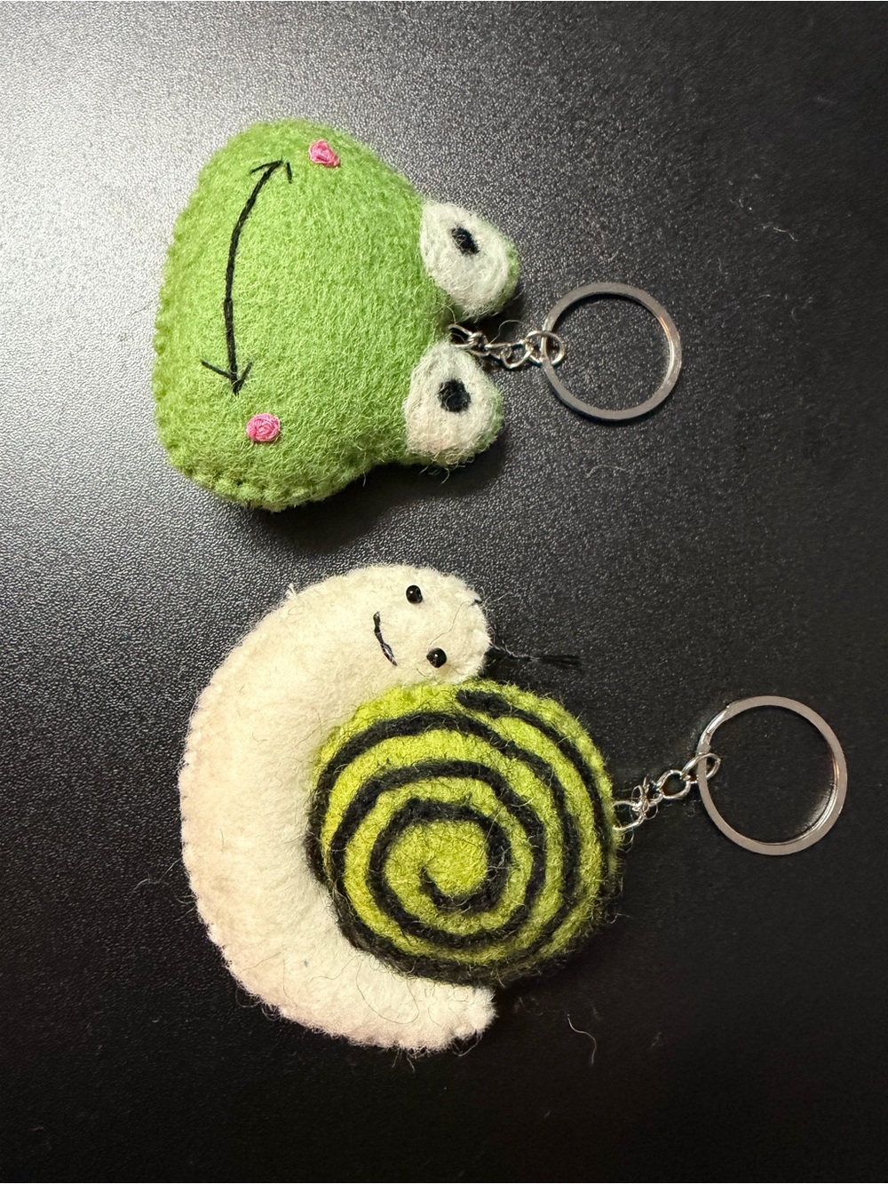 Handmade Green Frog & Cream Snail Felt Keychain Set